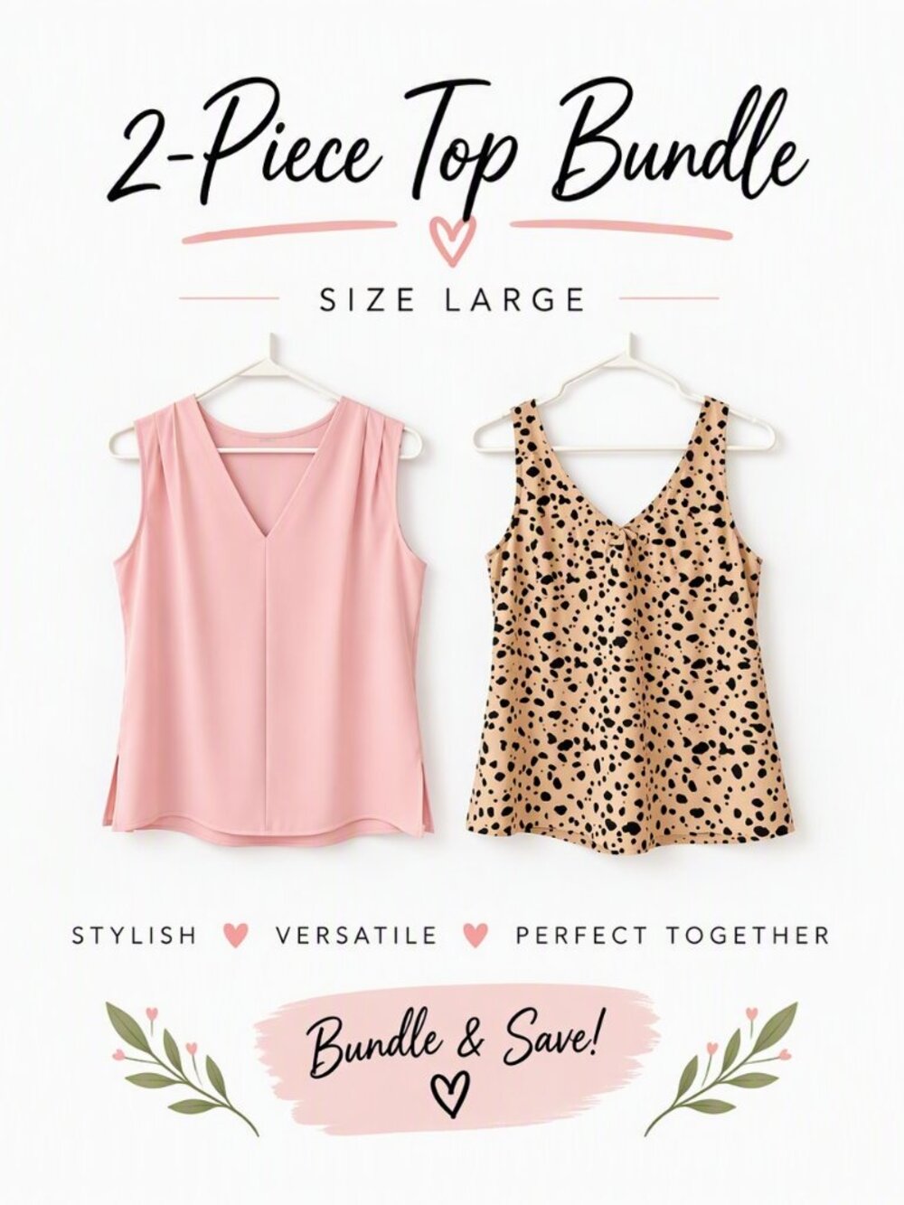 2-Piece Sleeveless Blouse Bundle | Pink V-Neck & Beige Black Spotted Tank Top |